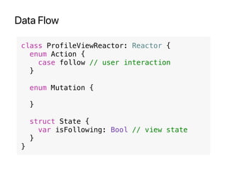 Data Flow
class ProfileViewReactor: Reactor {
enum Action {
case follow // user interaction
}
enum Mutation {
}
struct State {
var isFollowing: Bool // view state
}
}
 