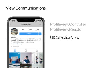 View Communications
UICollectionView
ProfileViewController
ProfileViewReactor
 