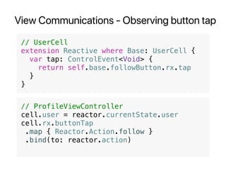 View Communications - Observing button tap
// UserCell
extension Reactive where Base: UserCell {
var tap: ControlEvent<Void> {
return self.base.followButton.rx.tap
}
}
// ProfileViewController
cell.user = reactor.currentState.user
cell.rx.buttonTap
.map { Reactor.Action.follow }
.bind(to: reactor.action)
 