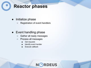 Reactor phases
● Initialize phase
○ Registration of event handlers
● Event handling phase
○ Gather all ready messages
○ Process all messages
■ Get requests
■ Identify event handler
■ Execute callback
 