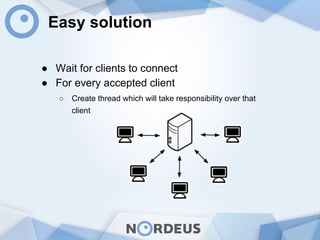 Easy solution
● Wait for clients to connect
● For every accepted client
○ Create thread which will take responsibility over that
client
 