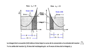 𝜺𝑨 = 𝟎
Para
Para 𝜺𝑨 ≠ 𝟎
𝑹
𝑹 + 𝟏
𝟏
𝑹 + 𝟏
𝟏 𝑹
Ecuac. (12)
Ecuac. (13)
𝑨𝒓𝒆𝒂 = 𝝉
𝑨𝒓𝒆𝒂 =
𝑽
𝑭𝑨𝒐
𝟎
𝑹𝑿𝒇
𝟏 + 𝑹
𝑿𝒇
𝑪𝑨𝒇 𝑪𝑨𝒐
La integral de la ecuación (12) indica el área bajo la curva de la conversión a la entrada del reactor
𝑅𝑋𝑓
1 + 𝑅
Y a la salida del reactor Xf. El área del rectángulo gris es R veces el área de la integral, y
 