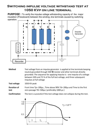 Switching impulse voltage withstand test at
1050 KVp on line terminal
N R Y B
Impulse
Generator
5
0
0
Ώ
Recorder
-
+
Method Test voltage from an impulse generator is applied at line terminals keeping
neutral grounded through 500 Ώ resister and other terminals directly
grounded. The sequence for applying impulse is - one impulse of a voltage
between 50% and 75 % of the full test voltage, and three subsequent
impulses at full voltage
Test voltage 1050 KV peak
Duration of
test
Front time Tp> 100μs , Time above 90% Td> 200μs and Time to the first
zero passage T0> 500μs ( preferably 1000 μs )
Confirmation The test is successful if the test voltage does not collapse during the test.
PURPOSE : To verify the impulse voltage withstanding capacity of the major
insulation (Pressboard) between the winding ,line terminals caused by switching
operation.
 
