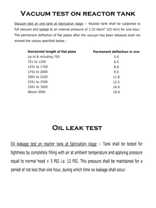 Vacuum test on reactor tank
Oil leak test
 