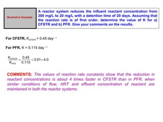 Illustrative Example 
A reactor system reduces the influent reactant concentration from 
200 mg/L to 20 mg/L with a detention time of 20 days. Assuming that 
the reaction rate is of first order, determine the value of K for a) 
CFSTR and b) PFR. Give your comments on the results. 
For CFSTR, KCFSTR = 0.45 day –1 
For PFR, K = 0.115 day –1 
K 0.45 3.91 4.0 
K 0.115 
CFSTR = = = 
PFR 
COMMENTS: The values of reaction rate constants show that the reduction in 
reactant concentrations is about 4 times faster in CFSTR than in PFR, when 
similar conditions of flow, HRT and effluent concentration of reactant are 
maintained in both the reactor systems. 
 