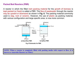 Packed Bed Reactors (PBR) 
A reactor in which the filled inert packing material for the growth of biomass is 
kept packed (or fixed) is called a PBR. The flow of wastewater through the reactor 
may be upward or downward as shown in Fig. 6. The packing material commonly 
used is slag, rock or ceramic. However, the use of plastic as packing material, 
with various configuration and large specific area, is now more common. 
a) Downflow PBR 
Bed of 
packing 
material 
Effluent 
Influent 
Gas(es) Gas(es) 
Effluent 
Influent 
b) Upflow PBR 
Fig. 6 Schematic for PBR 
NOTE: When a reactor is completely filled with packing media with respect to flow, it is 
known as Anaerobic Reactor (or Filter). 
 