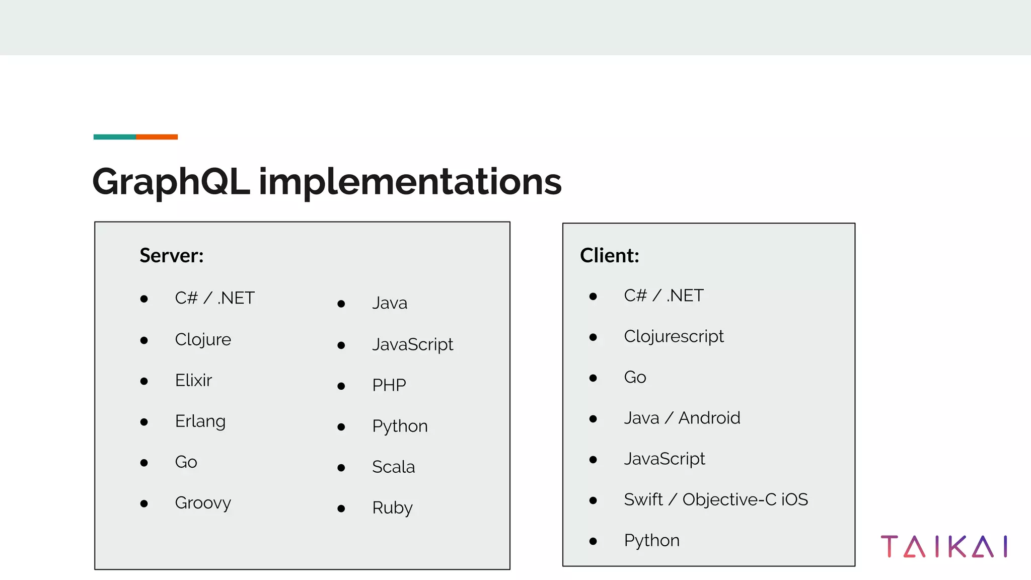 GraphQL implementations
● C# / .NET
● Clojure
● Elixir
● Erlang
● Go
● Groovy
Client:Server:
● C# / .NET
● Clojurescript
● Go
● Java / Android
● JavaScript
● Swift / Objective-C iOS
● Python
● Java
● JavaScript
● PHP
● Python
● Scala
● Ruby
 
