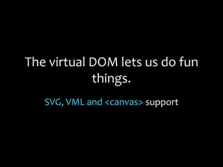 The virtual DOM lets us do fun
things.
SVG, VML and <canvas> support
 