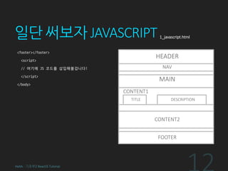 일단 써보자 JAVASCRIPT
<footer></footer>
<script>
// 여기에 JS 코드를 삽입해볼겁니다!
</script>
</body>
HeXA - 기초부2 ReactJS Tutorial
HEADER
NAV
MAIN
CONTENT1
CONTENT2
TITLE DESCRIPTION
FOOTER
1_javascript.html
 