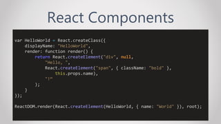 React Components
var HelloWorld = React.createClass({
displayName: "HelloWorld",
render: function render() {
return React.createElement("div", null,
"Hello, ",
React.createElement("span", { className: "bold" },
this.props.name),
"!“
);
}
});
ReactDOM.render(React.createElement(HelloWorld, { name: "World" }), root);
 