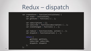 Redux – dispatch
var createStore = function(initialState) {
var state = initialState;
var getState = function() { … };
var subscriptions = [];
var subscribe = function(subscription) { … };
var stateChanged = function() { … };
var reducer = function(state, action) { … };
var dispatch = function(action) { … };
return {
getState: getState,
subscribe: subscribe,
dispatch: dispatch
};
};
 
