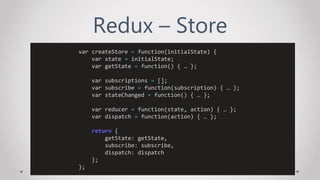 Redux – Store
var createStore = function(initialState) {
var state = initialState;
var getState = function() { … };
var subscriptions = [];
var subscribe = function(subscription) { … };
var stateChanged = function() { … };
var reducer = function(state, action) { … };
var dispatch = function(action) { … };
return {
getState: getState,
subscribe: subscribe,
dispatch: dispatch
};
};
 