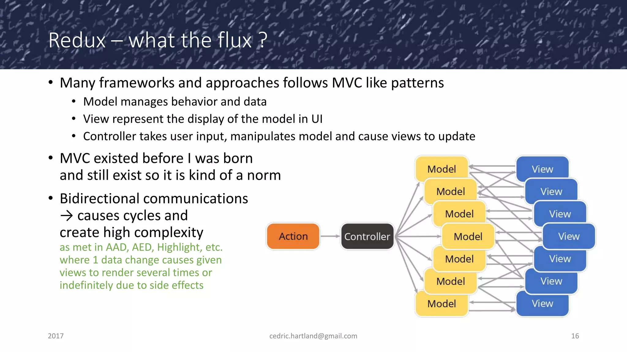 Redux – what the flux ?
• Many frameworks and approaches follows MVC like patterns
• Model manages behavior and data
• View represent the display of the model in UI
• Controller takes user input, manipulates model and cause views to update
• MVC existed before I was born
and still exist so it is kind of a norm
• Bidirectional communications
→ causes cycles and
create high complexity
as met in AAD, AED, Highlight, etc.
where 1 data change causes given
views to render several times or
indefinitely due to side effects
2017 cedric.hartland@gmail.com 16
 
