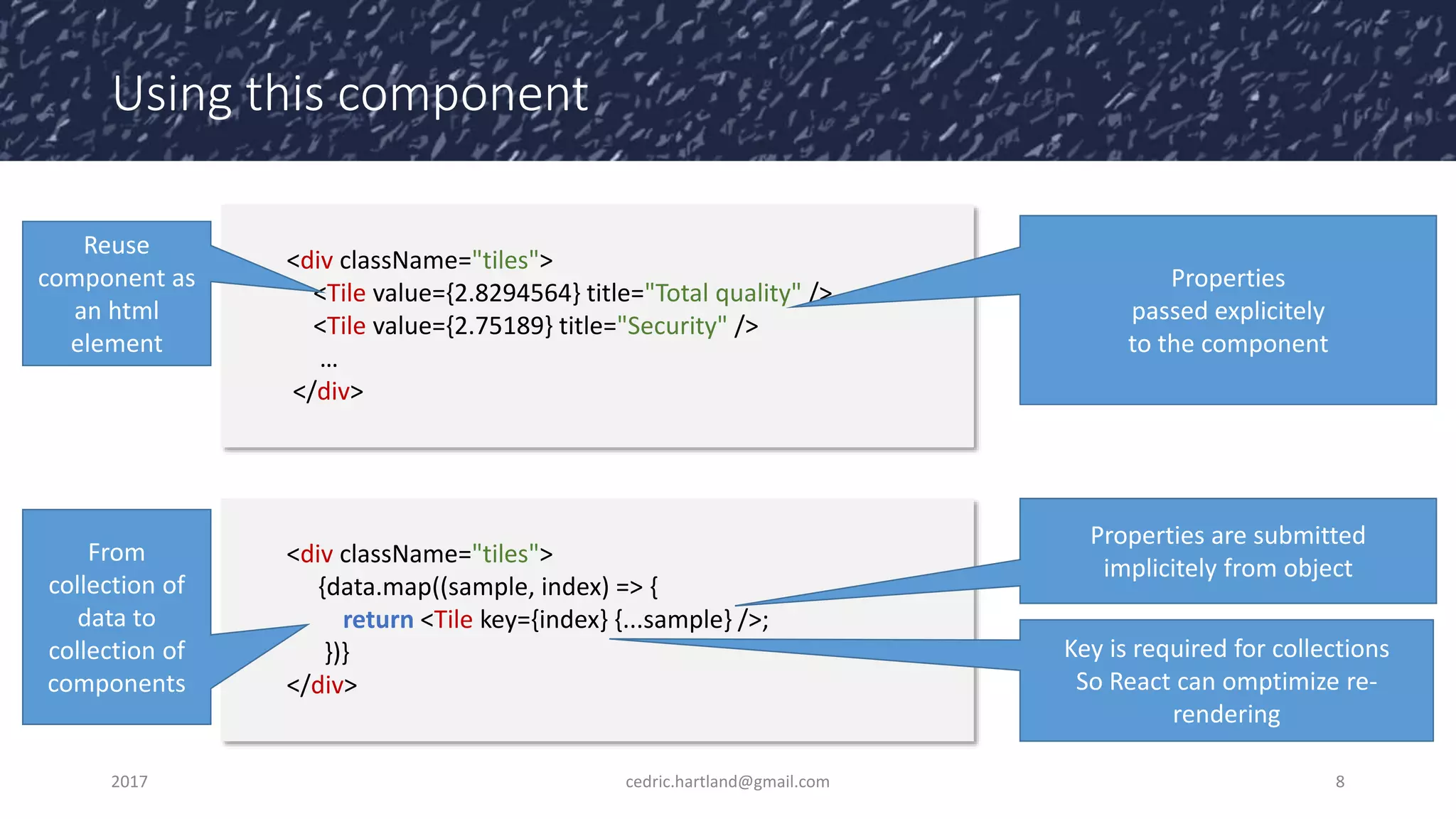 Using this component
2017 cedric.hartland@gmail.com 8
<div className="tiles">
<Tile value={2.8294564} title="Total quality" />
<Tile value={2.75189} title="Security" />
…
</div>
<div className="tiles">
{data.map((sample, index) => {
return <Tile key={index} {...sample} />;
})}
</div>
Reuse
component as
an html
element
From
collection of
data to
collection of
components
Properties
passed explicitely
to the component
Properties are submitted
implicitely from object
Key is required for collections
So React can omptimize re-
rendering
 
