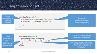 Using this component
2017 cedric.hartland@gmail.com 8
<div className="tiles">
<Tile value={2.8294564} title="Total quality" />
<Tile value={2.75189} title="Security" />
…
</div>
<div className="tiles">
{data.map((sample, index) => {
return <Tile key={index} {...sample} />;
})}
</div>
Reuse
component as
an html
element
From
collection of
data to
collection of
components
Properties
passed explicitely
to the component
Properties are submitted
implicitely from object
Key is required for collections
So React can omptimize re-
rendering
 