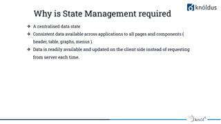 Why is State Management required
❖ A centralised data state
❖ Consistent data available across applications to all pages and components (
header, table, graphs, menus ).
❖ Data is readily available and updated on the client side instead of requesting
from server each time.
 