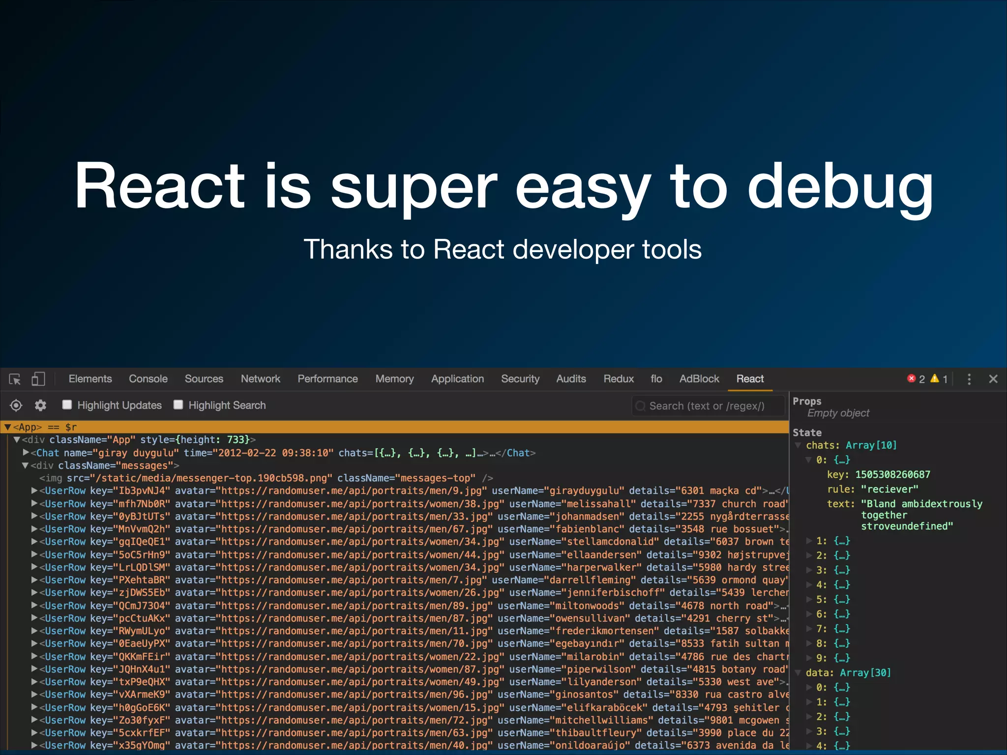 React is super easy to debug Thanks to React developer tools 