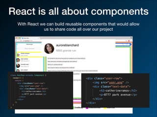 React is all about components
With React we can build reusable components that would allow
us to share code all over our project
 