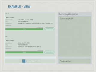 EXAMPLE - VIEW
SummaryContainer
SummaryList
Pagination
 