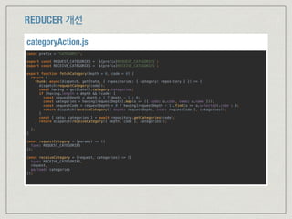 const prefix = 'CATEGORY/'; 
 
export const REQUEST_CATEGORIES = `${prefix}REQUEST_CATEGORIES`; 
export const RECEIVE_CATEGORIES = `${prefix}RECEIVE_CATEGORIES`; 
 
export function fetchCategory(depth = 0, code = 0) { 
return { 
thunk: async(dispatch, getState, { repositories: { category: repository } }) => { 
dispatch(requestCategory(code)); 
const having = getState().category.categories; 
if (having.length > depth && !code) { 
const requestDepth = depth > 1 ? depth - 1 : 0; 
const categories = having[requestDepth].map(o => ({ code: o.code, name: o.name })); 
const requestCode = requestDepth > 0 ? having[requestDepth - 1].find(o => o.selected).code : 0; 
return dispatch(receiveCategory({ depth: requestDepth, code: requestCode }, categories)); 
} 
const { data: categories } = await repository.getCategories(code); 
return dispatch(receiveCategory({ depth, code }, categories)); 
} 
}; 
} 
 
const requestCategory = (params) => ({ 
type: REQUEST_CATEGORIES 
}); 
 
const receiveCategory = (request, categories) => ({ 
type: RECEIVE_CATEGORIES, 
request, 
payload: categories 
}); 
categoryAction.js
REDUCER 개선
 
