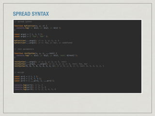 SPREAD SYNTAX
// spread syntax 
 
function myFunction(x, y, z) { 
console.log(`x: ${x}, y: ${y}, z: ${z}`); 
} 
 
const args1 = [ 1, 3, 5 ]; 
const args2 = [ 'foo', 'bar' ]; 
 
myFunction(...args1); // x: 1, y: 3, z: 5 
myFunction(...args2); // x: foo, y: bar, z: undefuned 
 
 
// rest parameters 
 
function restSyntax(x, y, z, ...rest) { 
console.log(`x: ${x}, y: ${y}, z: ${z}, rest: ${rest}`); 
} 
 
restSyntax(...args1); // x: 1, y: 3, z: 5, rest: 
restSyntax(...args1, ...args2); // x: 1, y: 3, z: 5, rest: foo, bar 
restSyntax(9, 8, 7, 6, 5, 4, 3, 2, 1); // x: 9, y: 8, z: 7, rest: 6, 5, 4, 3, 2, 1 
// assign 
 
const arr1 = [ 1, 2 ]; 
const arr2 = [ 4, 5, 6 ]; 
const arr3 = [ ...arr1, 3, ...arr2 ]; 
 
console.log(arr1); // 1, 2 
console.log(arr2); // 4, 5, 6 
console.log(arr3); // 1, 2, 3, 4, 5, 6
 