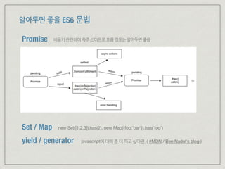 알아두면 좋을 ES6 문법
Promise
Set / Map
yield / generator
비동기관련하여자주쓰이므로흐름정도는알아두면좋음
new Set([1,2,3]).has(2), new Map({foo:’bar’}).has(‘foo’)
javascript에 대해 좀 더 파고 싶다면. ( #MDN / Ben Nadel's blog )
 