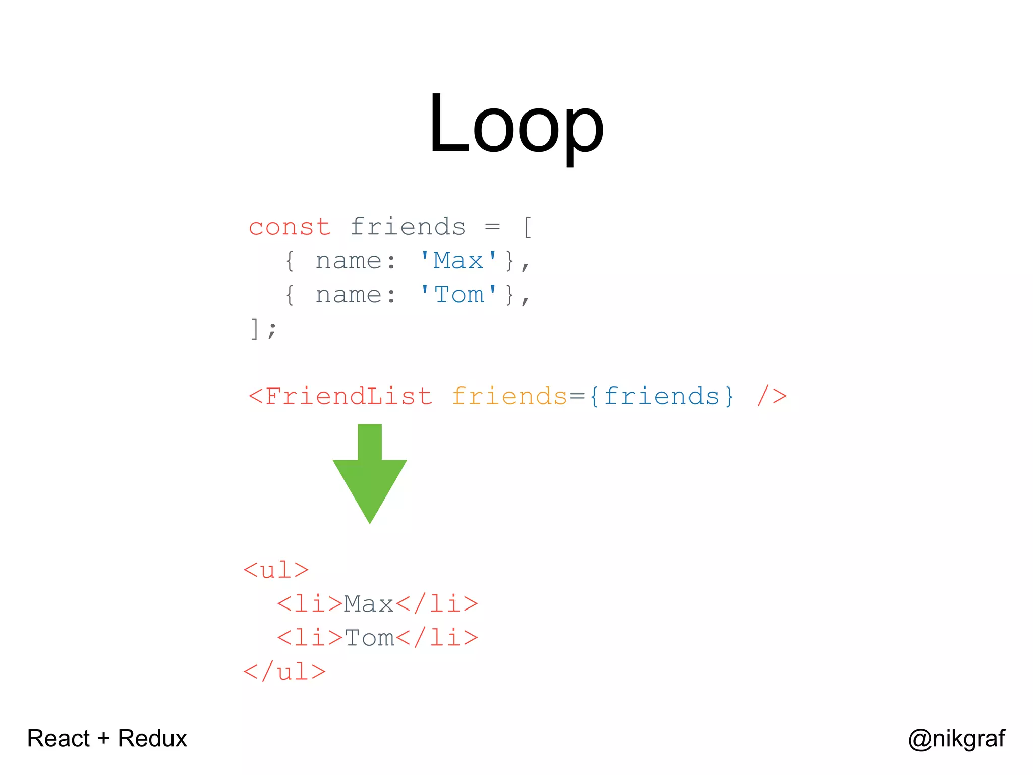 React + Redux @nikgraf Loop const friends = [ { name: 'Max'}, { name: 'Tom'}, ]; <FriendList friends={friends} /> <ul> <li>Max</li> <li>Tom</li> </ul> 