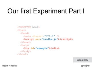React + Redux @nikgraf
Our first Experiment Part I
<!DOCTYPE html>
<html>
<head>
<meta charset="UTF-8" />
<script src="bundle.js"></script>
</head>
<body>
<div id="example"></div>
</body>
</html>
index.html
 