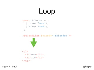 React + Redux @nikgraf
Loop
const friends = [
{ name: 'Max'},
{ name: 'Tom'},
];
<FriendList friends={friends} />
<ul>
<li>Max</li>
<li>Tom</li>
</ul>
 