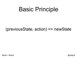 React + Redux @nikgraf
Basic Principle
(previousState, action) => newState
 
