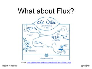 React + Redux @nikgraf
What about Flux?
Source: https://twitter.com/codecartoons/status/667348216669741056
 