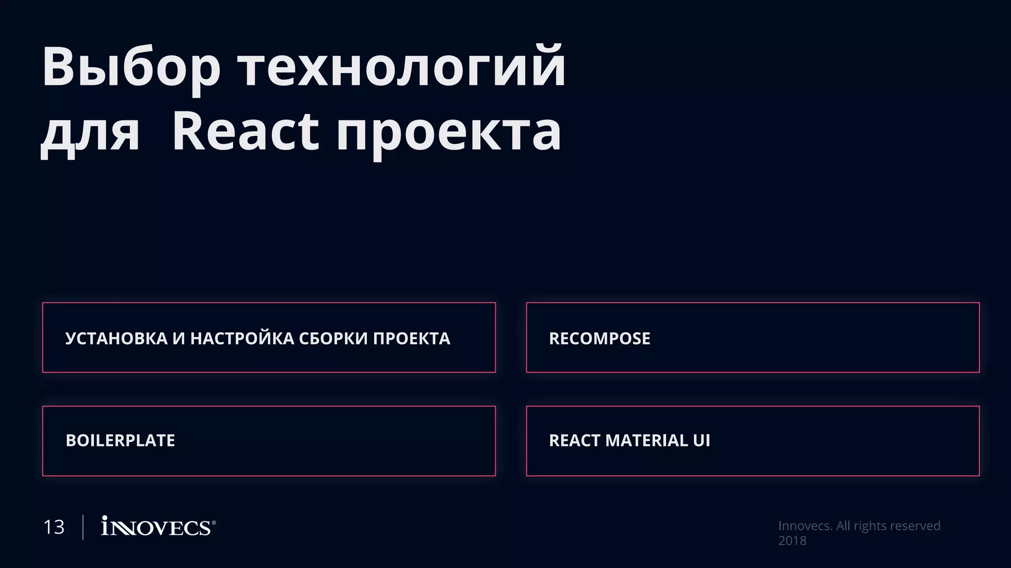 Выбор технологий
для React проекта
УСТАНОВКА И НАСТРОЙКА СБОРКИ ПРОЕКТА
Innovecs. All rights reserved
2018
BOILERPLATE
RECOMPOSE
REACT MATERIAL UI
13
 