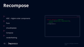 Recompose
HOC – Higher-order components
Pure
shouldUpdate
Compose
renderNothing
15 Innovecs. All rights reserved
2018
export default compose(
connect(mapState, mapDispatch),
pure()
)(Component);
 