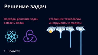 Решение задач
5
Сторонние технологии,
инструменты и модули
Подходы решения задач
в React / Redux
 