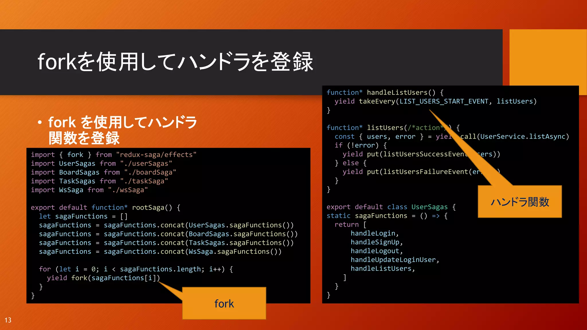 forkを使用してハンドラを登録
• fork を使用してハンドラ
関数を登録
13
import { fork } from "redux-saga/effects"
import UserSagas from "./userSagas"
import BoardSagas from "./boardSaga"
import TaskSagas from "./taskSaga"
import WsSaga from "./wsSaga"
export default function* rootSaga() {
let sagaFunctions = []
sagaFunctions = sagaFunctions.concat(UserSagas.sagaFunctions())
sagaFunctions = sagaFunctions.concat(BoardSagas.sagaFunctions())
sagaFunctions = sagaFunctions.concat(TaskSagas.sagaFunctions())
sagaFunctions = sagaFunctions.concat(WsSaga.sagaFunctions())
for (let i = 0; i < sagaFunctions.length; i++) {
yield fork(sagaFunctions[i])
}
}
function* handleListUsers() {
yield takeEvery(LIST_USERS_START_EVENT, listUsers)
}
function* listUsers(/*action*/) {
const { users, error } = yield call(UserService.listAsync)
if (!error) {
yield put(listUsersSuccessEvent(users))
} else {
yield put(listUsersFailureEvent(error))
}
}
export default class UserSagas {
static sagaFunctions = () => {
return [
handleLogin,
handleSignUp,
handleLogout,
handleUpdateLoginUser,
handleListUsers,
]
}
}
ハンドラ関数
fork
 