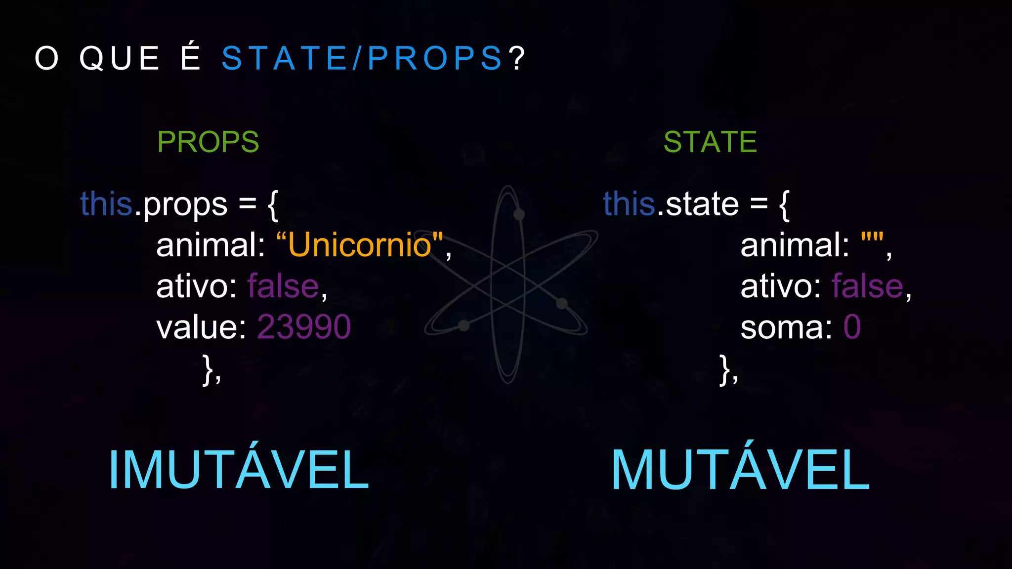 O Q U E É S T A T E / P R O P S ?
this.state = {
animal: "",
ativo: false,
soma: 0
},
STATEPROPS
this.props = {
animal: “Unicornio",
ativo: false,
value: 23990
},
MUTÁVELIMUTÁVEL
 