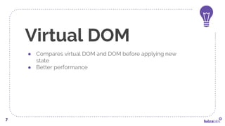 Virtual DOM
● Compares virtual DOM and DOM before applying new
state
● Better performance
7
 