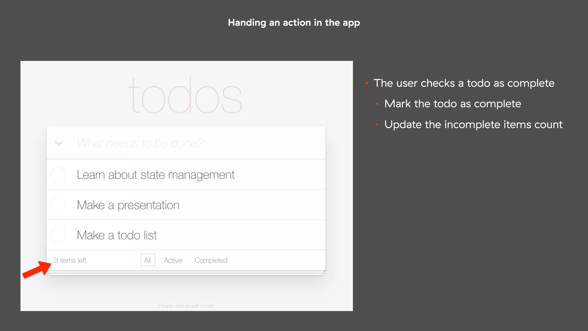 Handing an action in the app
• The user checks a todo as complete
• Mark the todo as complete
• Update the incomplete items count
 