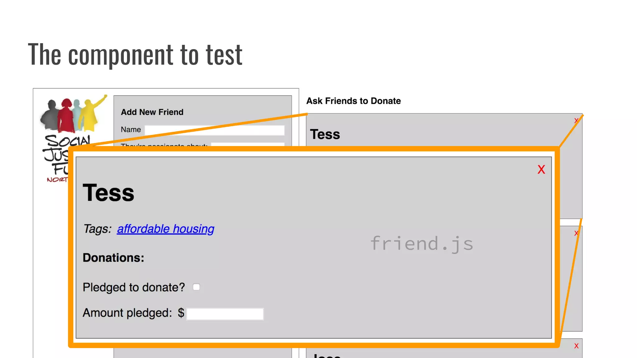 The component to test
friend.js
 