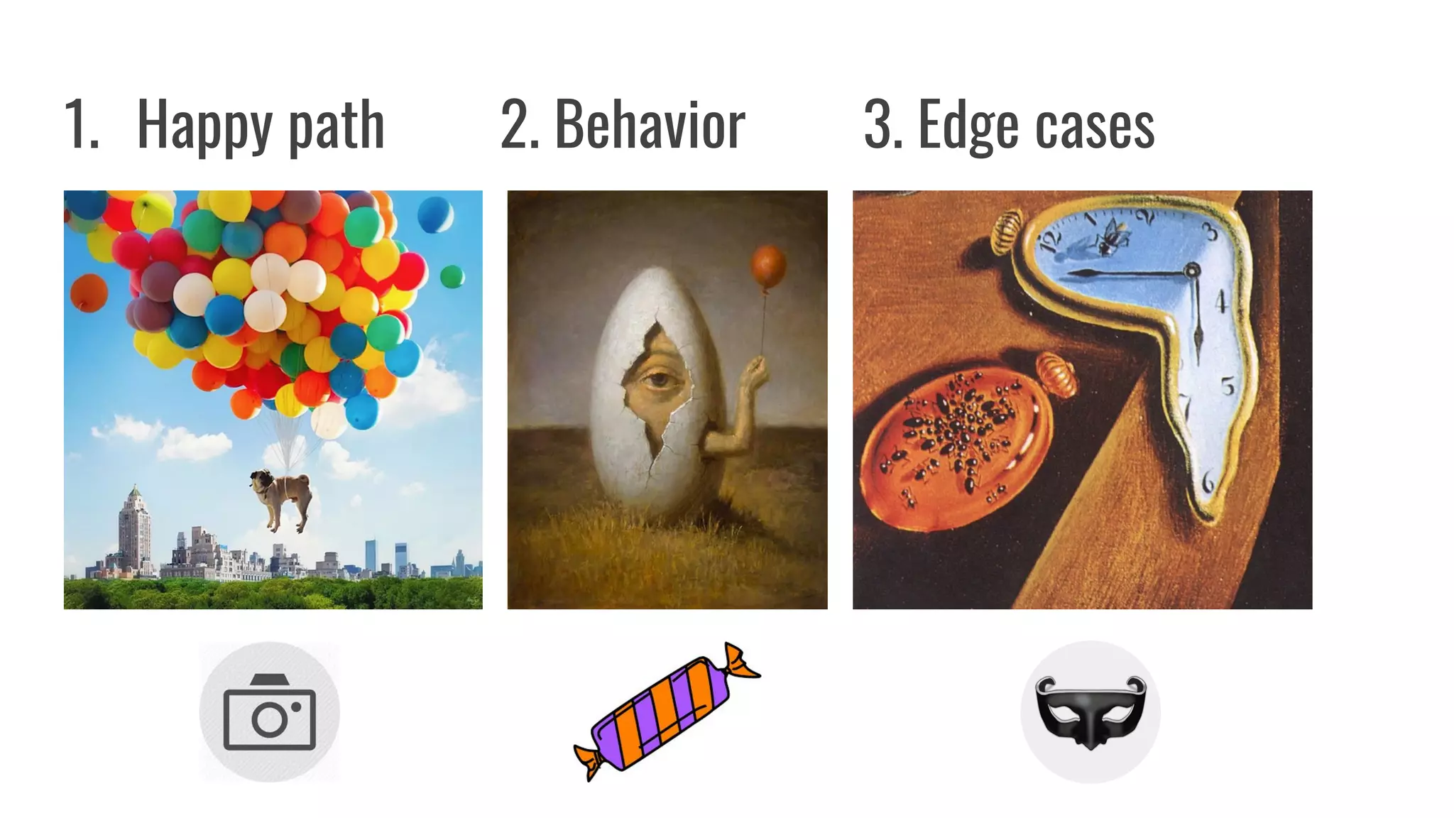 1. Happy path 2. Behavior 3. Edge cases
 