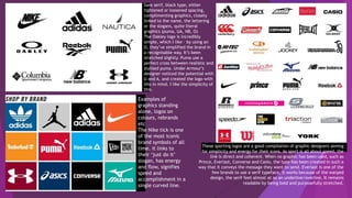 Sans serif, black type, either
tightened or loosened spacing,
complimenting graphics, closely
linked to the name, the lettering
or the slogans, quite literal
graphics (puma, UA, NB, O)
The Oakley logo is incredibly
simple, which I like – by using an
O, they’ve simplified the brand in
a recognisable way. It’s been
stretched slightly. Puma use a
perfect cross between realistic and
stylised puma. Under Armour’s
designer noticed the potential with
U and A, and created the logo with
this in mind. I like the simplicity of
this.
Examples of
graphics standing
alone, logos on
colours, rebrands
etc
The Nike tick is one
of the most iconic
brand symbols of all
time. It links to
their ‘just do it’
slogan, has energy
and flow, signifies
speed and
accomplishment in a
single curved line.
These sporting logos are a good compilation of graphic designers aiming
for simplicity and energy for their icons. As sport is all about speed, the
link is direct and coherent. When no graphic has been used, such as
Prince, Everlast, Converse and Casio, the type has been created in such a
way that it conveys the message they want to send. Everlast is one of the
few brands to use a serif typeface, it works because of the warped
design, the serif feet almost at as an underline/overline. It remains
readable by being bold and purposefully stretched.
 