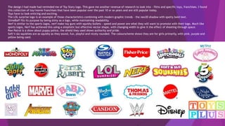 The design I had made had reminded me of Toy Story logo. This gave me another revenue of research to look into – films and specific toys, franchises. I found
this collection of toy/movie franchises that have been popular over the past 10 or so years and are still popular today.
Toys have to look enticing and exciting.
The LOL surprise logo is an example of those characteristics combining with modern graphic trends – the neo3D shadow with spotty bold text.
SlimeBaff fits its purpose by being slimy as a logo, while maintaining readability.
Nerf is similar to the sports logos, nerf make toy guns with squishy bullets – speed and power are what they will want to promote with their logo. Much like
sports logos, Nerf has achieved this using a simplistic but effective vector shape, with changing width to give it the effect of shooting through space.
Paw Patrol is a show about puppy police, the shield they used shows authority and pride.
Soft’n slo squishies are as squishy as they sound, fun, playful and nicely rounded. The colourscheme shows they are for girls primarily, with pink, purple and
yellow being used.
 