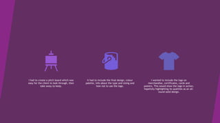 I had to create a pitch board which was
easy for the client to look through, then
take away to keep.
It had to include the final design, colour
palette, info about the type and sizing and
how not to use the logo.
I wanted to include the logo on
merchandise, certificates, cards and
posters. This would show the logo in action,
hopefully highlighting its qualities as an all-
round solid design.
 