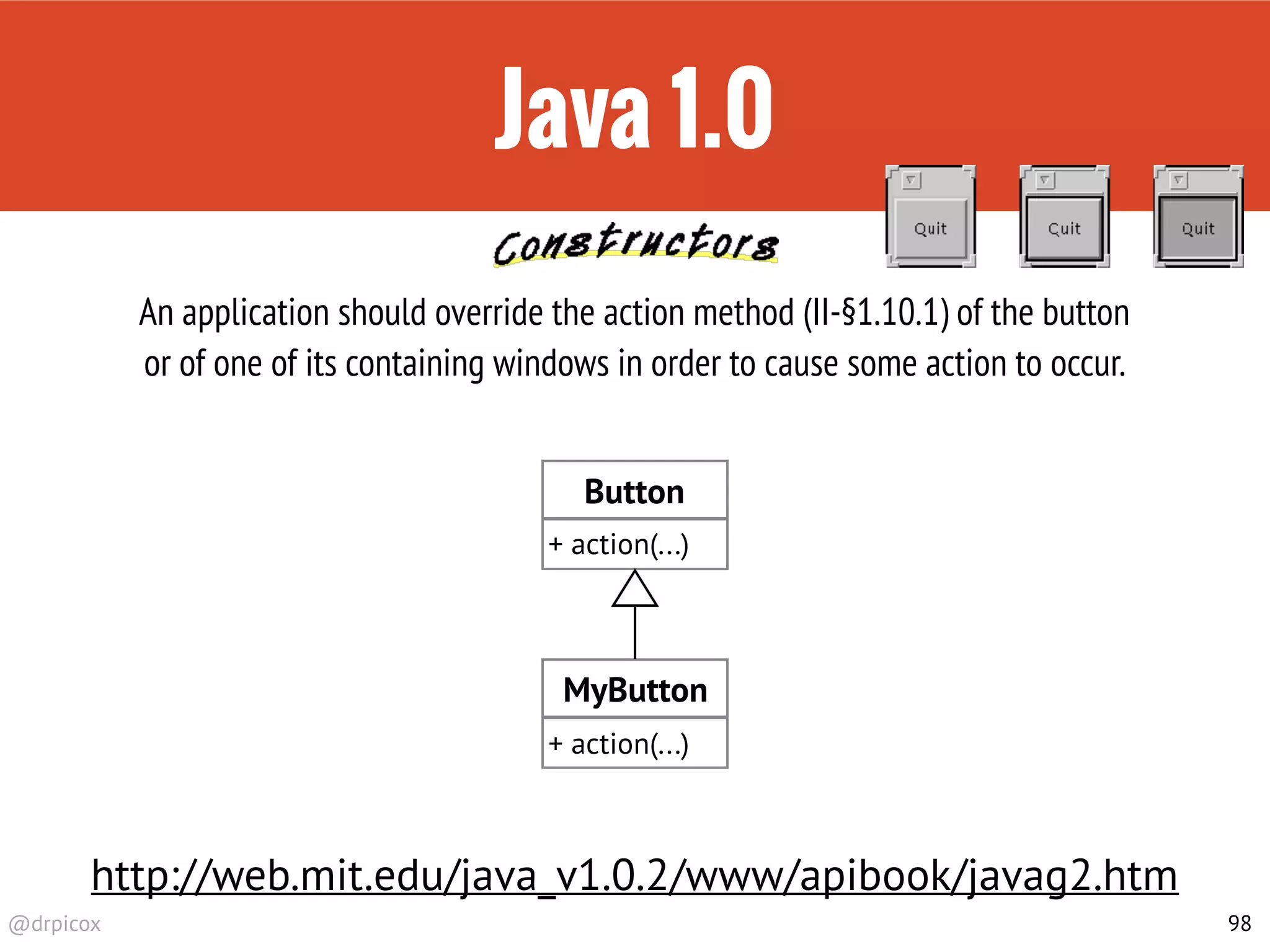 @drpicox
Java 1.0
98
http://web.mit.edu/java_v1.0.2/www/apibook/javag2.htm
An application should override the action method (II-§1.10.1) of the button
or of one of its containing windows in order to cause some action to occur.
Button
+ action(...)
MyButton
+ action(...)
 
