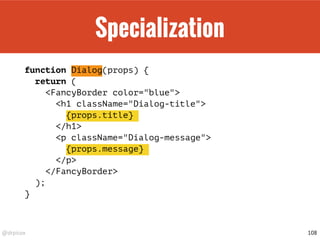 @drpicox
Specialization
function Dialog(props) {
return (
<FancyBorder color="blue">
<h1 className="Dialog-title">
{props.title}
</h1>
<p className="Dialog-message">
{props.message}
</p>
</FancyBorder>
);
}
108
 