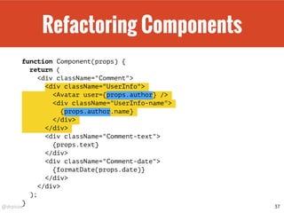 @drpicox
Refactoring Components
function Component(props) {
return (
<div className="Comment">
<div className="UserInfo">
<Avatar user={props.author} />
<div className="UserInfo-name">
{props.author.name}
</div>
</div>
<div className="Comment-text">
{props.text}
</div>
<div className="Comment-date">
{formatDate(props.date)}
</div>
</div>
);
}
37
 