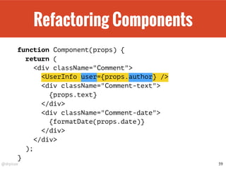 @drpicox
Refactoring Components
function Component(props) {
return (
<div className="Comment">
<UserInfo user={props.author} />
<div className="Comment-text">
{props.text}
</div>
<div className="Comment-date">
{formatDate(props.date)}
</div>
</div>
);
}
39
 