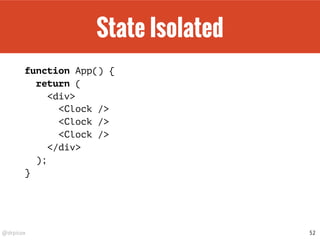 @drpicox
State Isolated
function App() {
return (
<div>
<Clock />
<Clock />
<Clock />
</div>
);
}
52
 