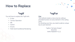 How to Replace
*ngIf
You will have to replace the *ngIf with:
• If-else
• Ternary Operation
• &&
• Switch
• Enums
• Multi-level Conditional Rendering
*ngFor
Map
The method creates a new array by calling a
provided function on every element in the calling
array.
For iterating over lists, you need to add an unique
key to each element
*ngFor=“let task of tasks”
becomes
tasks.map(task=>{…})
 