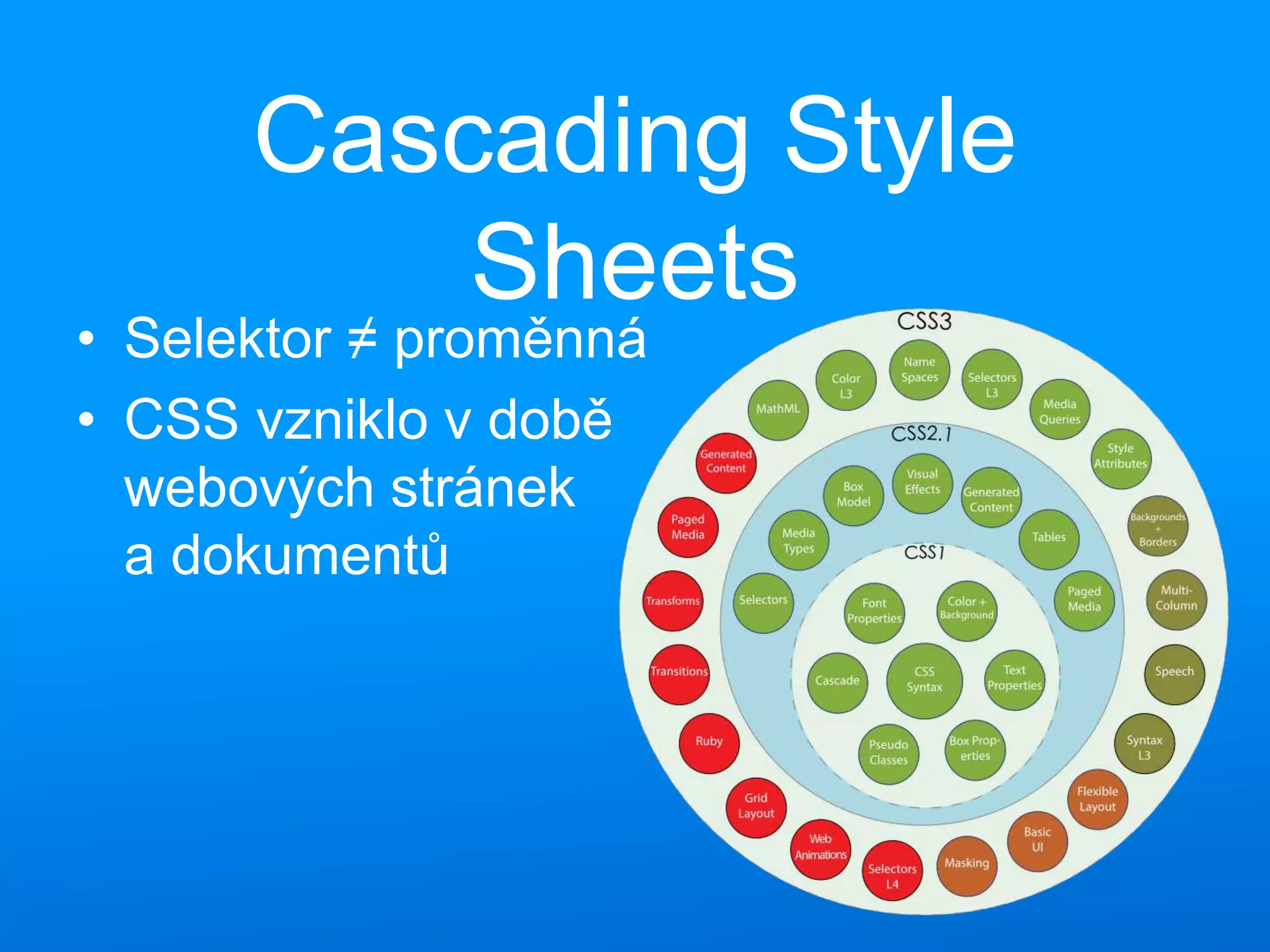 Cascading Style
Sheets
• Selektor ≠ proměnná
• CSS vzniklo v době
webových stránek
a dokumentů
 